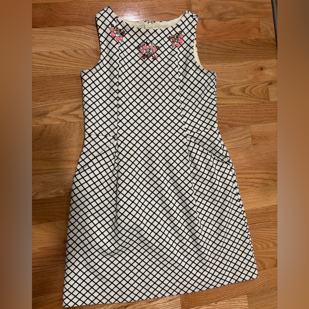 Crewcuts cream/blue lattice cotton dress with jewels and pockets. Size 8